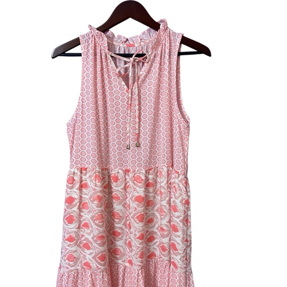 Boho Pink Abstract Print Tie Neck Sleeveless Maxi Dress Summer Tiered Dress - Picture 2 of 15